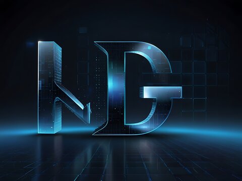 The letters hg are rendered in a futuristic style, glowing with neon blue light on a dark, gridpatterned surface, creating a cybernetic visual