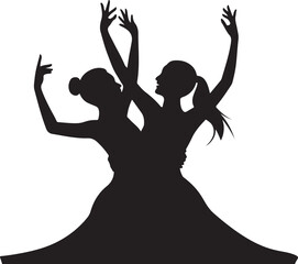 Two elegant female dancers in graceful poses performing a duet silhouette