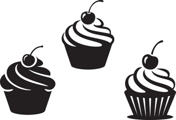 Three black cupcakes with swirled frosting and cherry topping silhouette