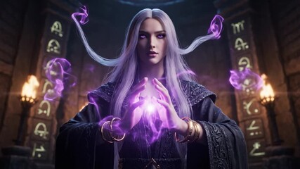 a mystical scene of a powerful sorceress with silver hair casting a glowing purple energy spell in an ancient, rune-carved temple - Powered by Adobe