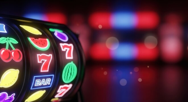 Close up of a slot machine reel with neon glowing symbols. Online casino gambling and entertainment concept. Digital gaming background.