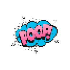 Poof expression icon in pixel art style with blue and pink comic design resembling retro sprite.