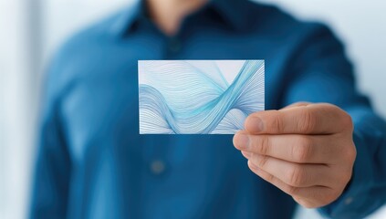 Close-up of a hand holding a business card with abstract design.  The card features light blue flowing lines on a white background, and is held by a person wearing a light blue collared shirt