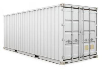 White shipping container with closed doors on transparent background