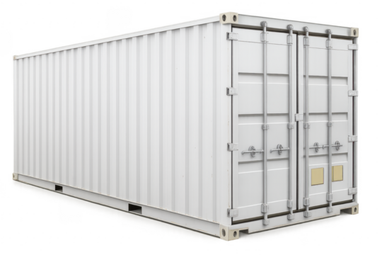 White shipping container with closed doors on transparent background