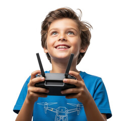 Naklejka premium A young boy with brown hair smiling and holding a drone controller while looking up against black background on transparent background