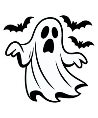 A playful illustration of a friendly cartoon ghost, playfully interacting with some bats for the upcoming Halloween. Capturing the spooky essence and whimsical spirit of Halloween in a simple.