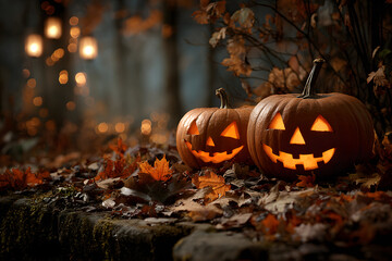 Jack-o'-lantern smiling, pumpkins sitting in the leaves, Halloween autumn fall night