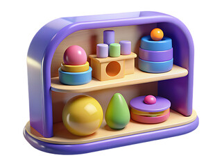 Childrens toy shelf with colorful toys isolated on transparent background
