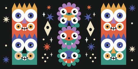 Colorful abstract monsters and geometric shapes on black