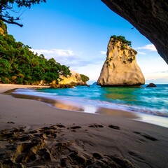 Coastal beach scene with rock formation