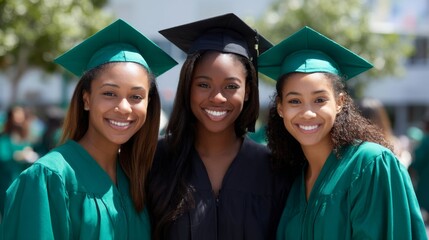 Three cheerful graduates celebrate their success in their caps and gowns. They embody joy and pride in their academic achievement and future. A vibrant moment captured. AI
