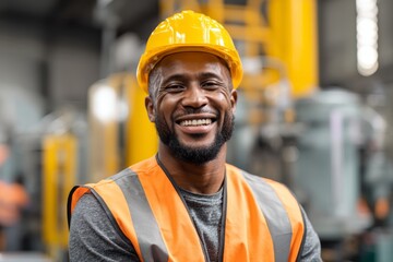 Fototapeta premium African American worker dressed for safety and productivity in a factory.