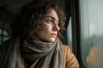 Pensive moments on public transport: a woman's journey of reflection.