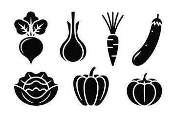 Collection of six different vegetable icons in silhouette style