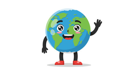 Fototapeta premium Smiling earth cartoon character waving hand with friendly expression and vibrant colors