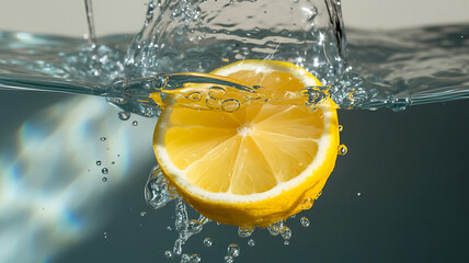Fresh lemon slice splashing into clear water