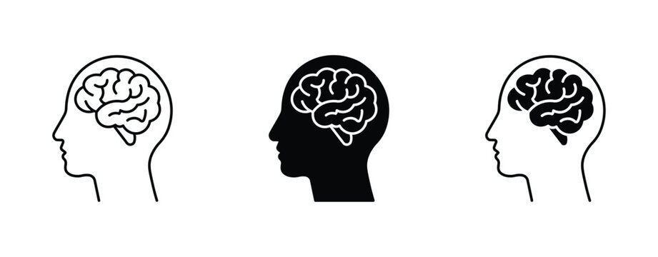 Human head with brain outline and solid silhouette icon set  .