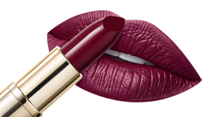 A vibrant red lipstick is paired with matching lips, isolated on transparent background, creating a glamorous and sensual beauty concept