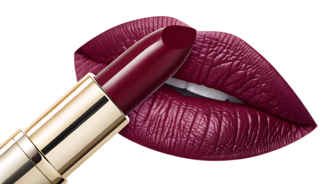 A vibrant red lipstick is paired with matching lips, isolated on transparent background, creating a glamorous and sensual beauty concept