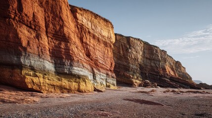 Coastal cliffs exhibiting diverse strata of red, yellow, and beige hues under a clear sky.  The sandy beach stretches towards the cliff face