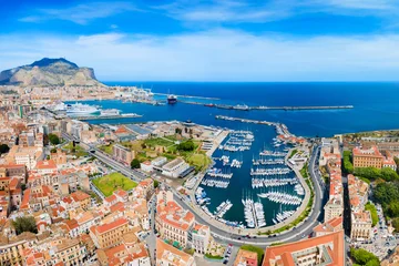 Fototapete Rund Palermo Palermo city port aerial panoramic view in Sicily  © saiko3p