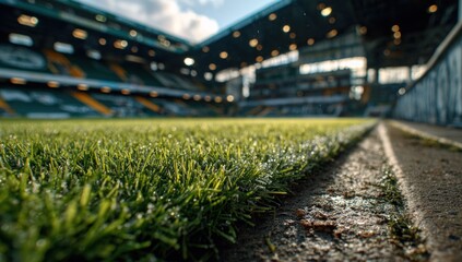 Close-up of vibrant green grass at a stadium, focus on the pitch's edge, with seats visible and light