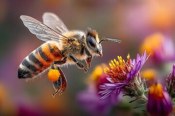 Nectar collecting honey bee on flowers high resolution picture