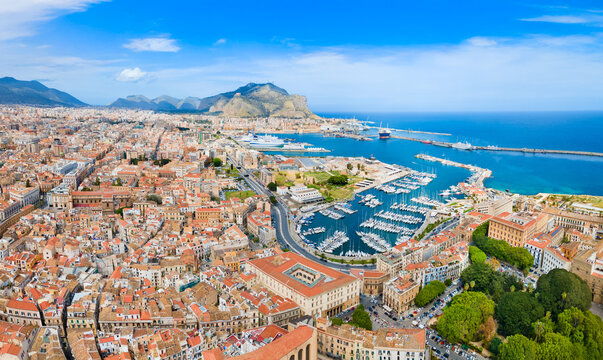Palermo city port aerial panoramic view in Sicily