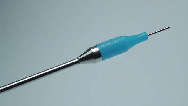 Magnified macro photograph of a medical syringe needle on a sleek background, A high-resolution close-up of a hypodermic injection tool against a blue backdrop Precision in Healthcare A detailed shot - Powered by Adobe