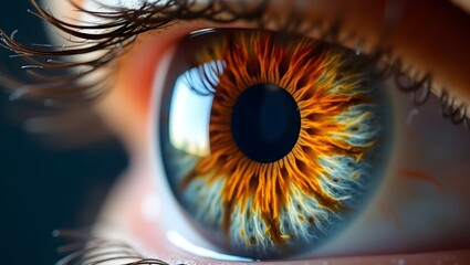 Striking Macro Shot of a Human Eye with Intricate Iris Details, Detailed Close-up of a Mesmerizing Hazel Eye, Sharp Focus on a Textured Eye Iris with a Mix of Blue and Brown, Hypnotic View