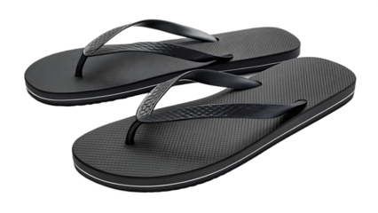 A pair of black flipflops with a white stripe around the sole are isolated on transparent background, ideal for summer beach days and casual wear