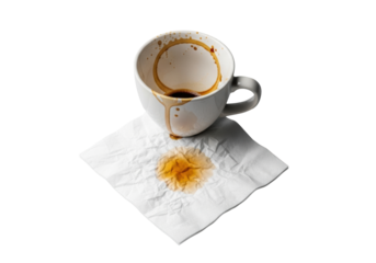 A light ceramic coffee cup with distinct brown stains & prominent ring mark, on a crumpled wet white napkin, against a seamless transparent studio background. Concept of everyday use imperfections