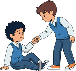 Cartoon Boys Helping Each Other – Friendship and Kindness Vector with Sitting and Standing Pose for Kids, Education, and Character Design