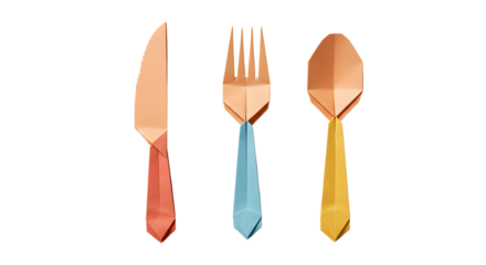 An origami knife, fork and spoon isolated on a white table, ready for a meal.