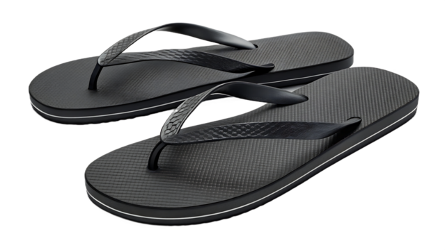 A pair of black flipflops with a white stripe around the sole are isolated on transparent background, ideal for summer beach days and casual wear