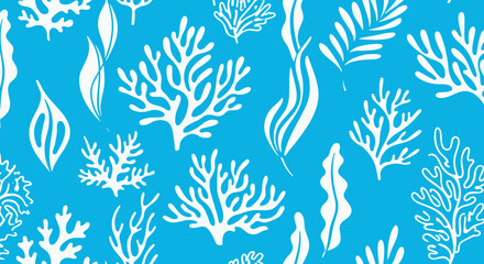 Seamless coral pattern in flat design with blue background