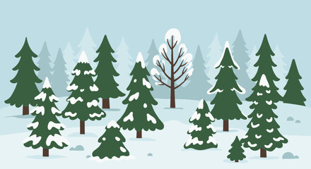 Fototapeta premium Winter wonderland: snow-covered evergreen trees in a flat cartoon style forest