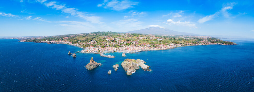 Cyclopean Isles aerial panoramic view in Aci Trezza