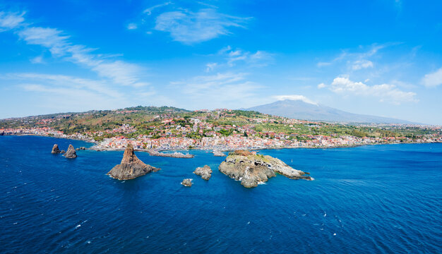 Cyclopean Isles aerial panoramic view in Aci Trezza