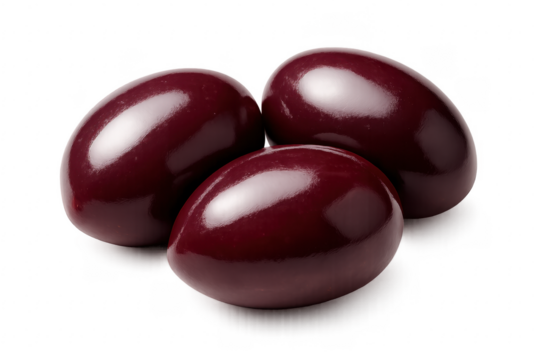 Three Red Candy Coated Chocolate Eggs on Transparent Background