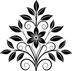 Black floral motif with star-shaped flower and swirling leaves on white background
