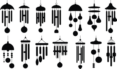 set of wind chimes front view, decorative hanging chimes, metal tube chimes, garden decor, outdoor ornament, musical chimes, vector flat illustration, home decoration design