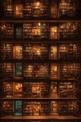 Multilevel Library with Balconies and Rows of Books, Warm Lighting