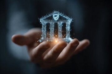 A person's hand cradles a glowing, digital representation of a classic building with pillars and a shield above