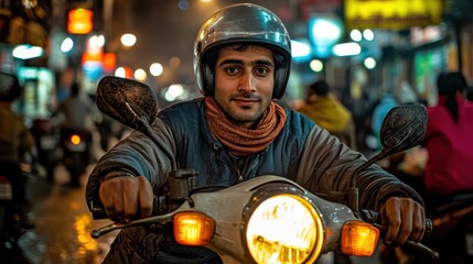 Obraz premium Indian youth on motorbike in city street at dusk, neon reflections on walls, mix of tradition and modern clothing