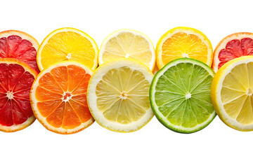 Fototapeta premium Assortment of fresh citrus fruit slices including grapefruit, orange, lemon, and lime, isolated on transparent background