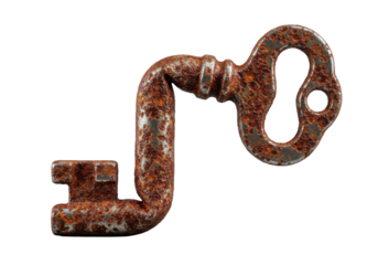 Ultra-realistic macro of severely bent antique skeleton key, heavily rusted reddish-brown and textured, isolated on a clean neutral gray background. Concept of decay and transformation