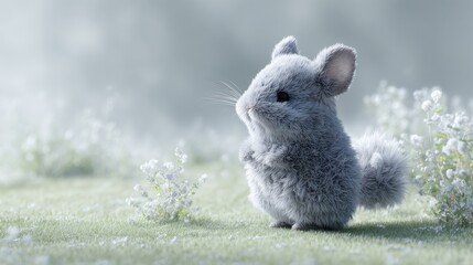 Cute Low Poly Chinchilla in Soft Furry Art Style Surrounded by Flowers in a Dreamy Landscape