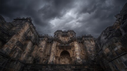 Naklejka premium Majestic Ancient Castle with Imposing Walls Against Dramatic Cloudy Sky